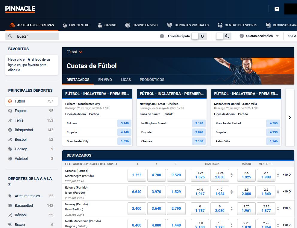 Vista dos esportes disponíveis